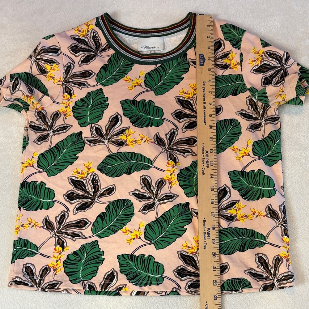 3.1 Phillip Lim Short Sleeve Tee Palm Leaf Tropical Print pink green EUC Medium - Picture 9 of 9